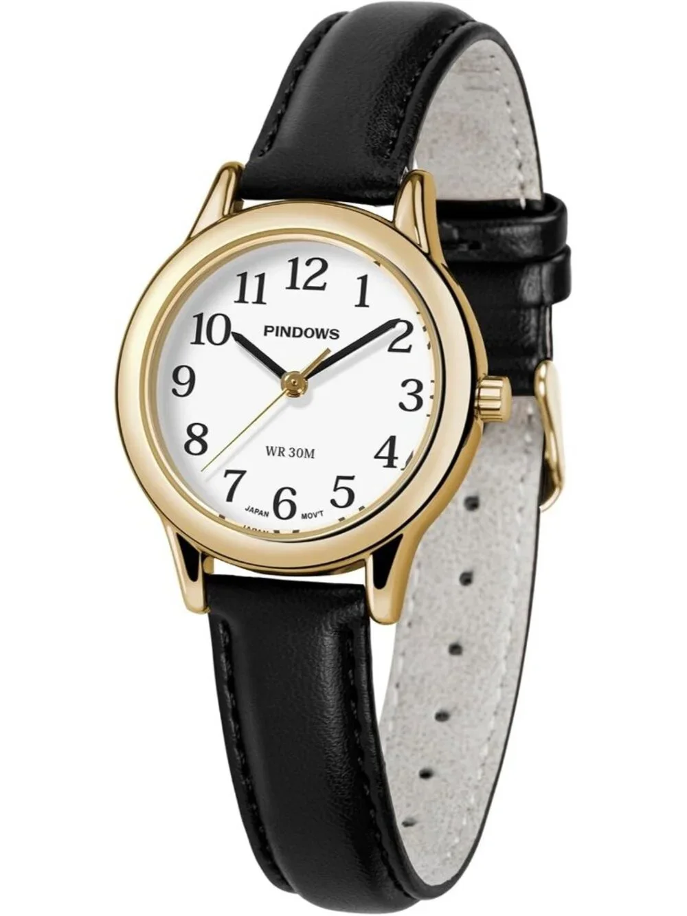 Women's Gold-Black Leather Band Small Analog Arabic Numerals Quartz Wrist Watch